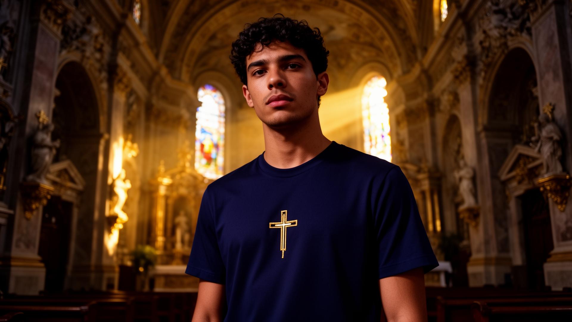 Jovem católico vestindo Sanctus Dominus em igreja barroca